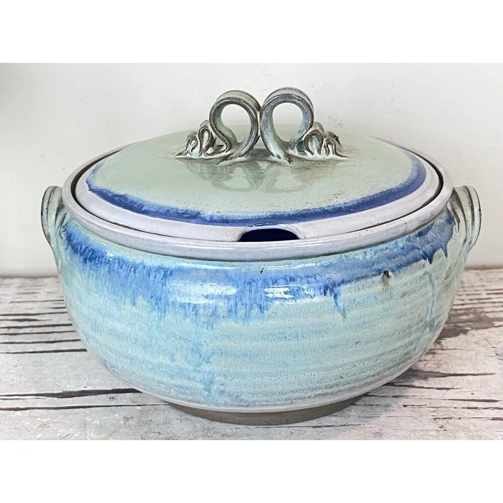 Vintage Handmade Artisan Pottery Tureen Casserole Dish W/Ornate Lid Signed